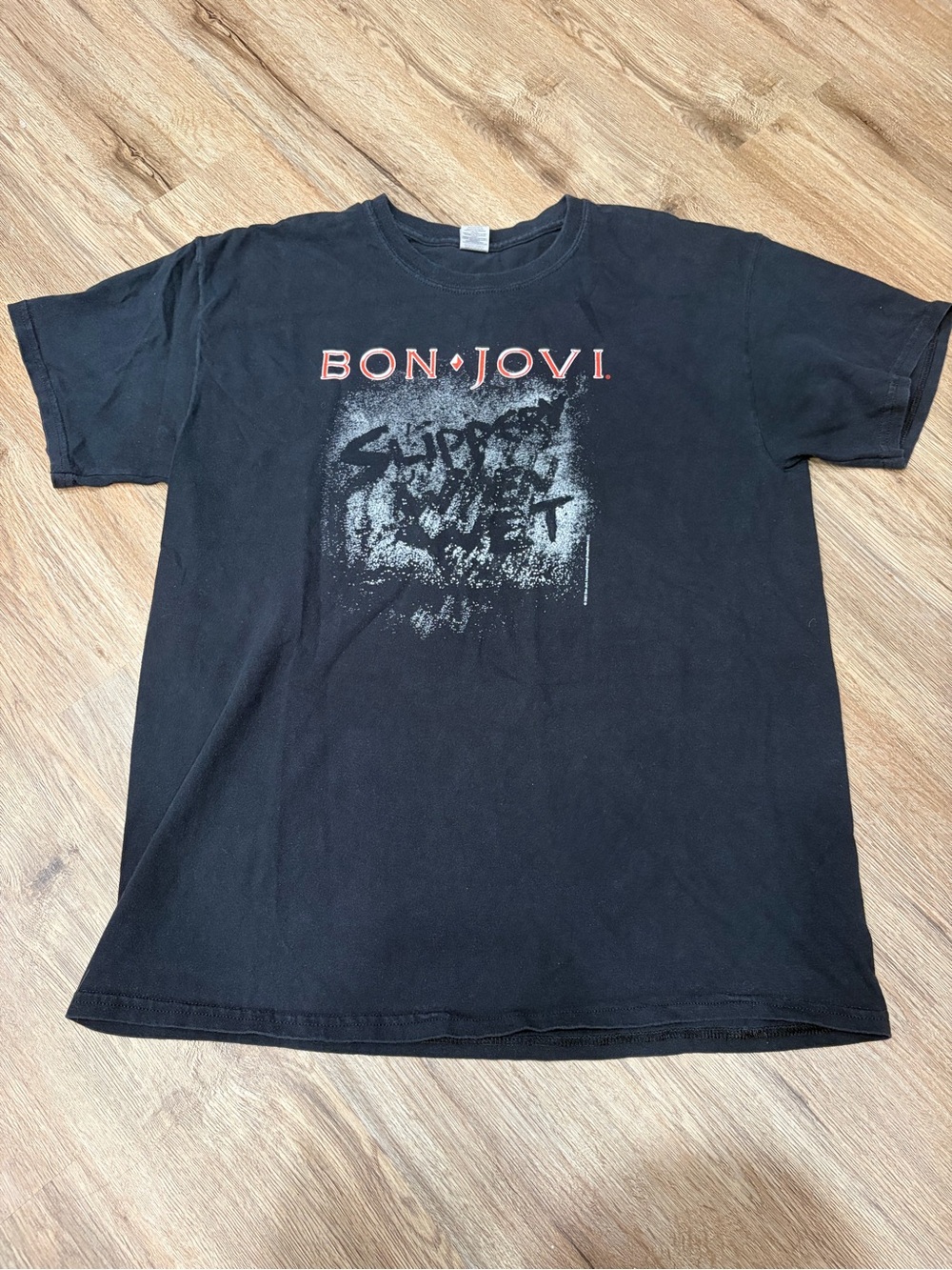Y2K Bon Jovi Black Slippery When Wet Graphic Tee with Red Logo